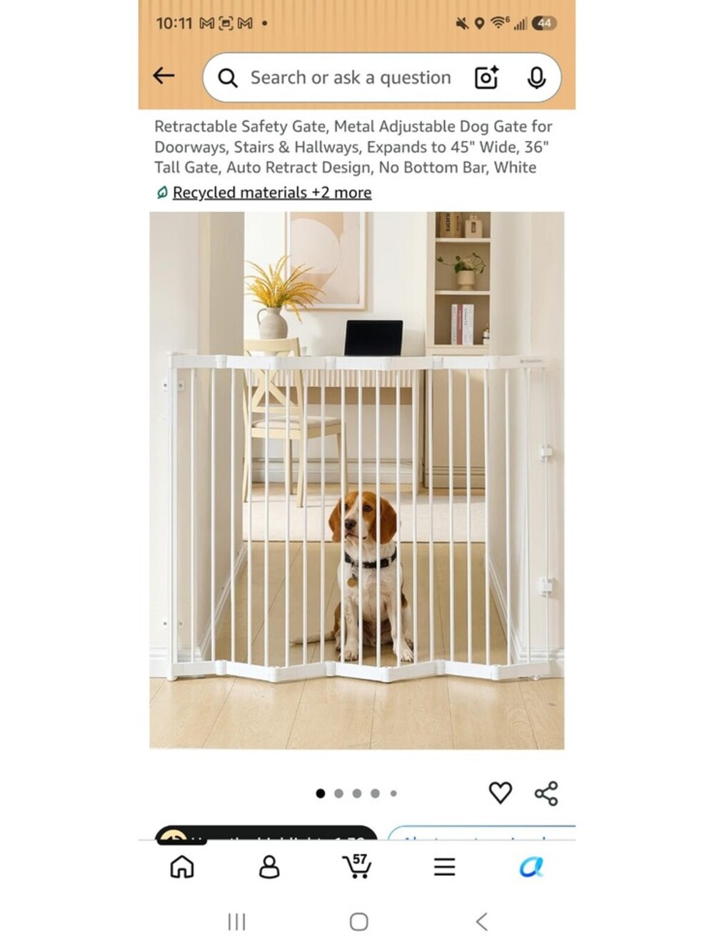 Retractable Metal Adjustable Dog Gate - 45" Wide x 36" Tall, White
